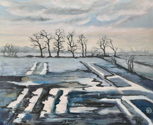 "Überschwemmtes Land", Öl auf Leinwand, 80x100 cm, Pinsel- und Spachteltechnik