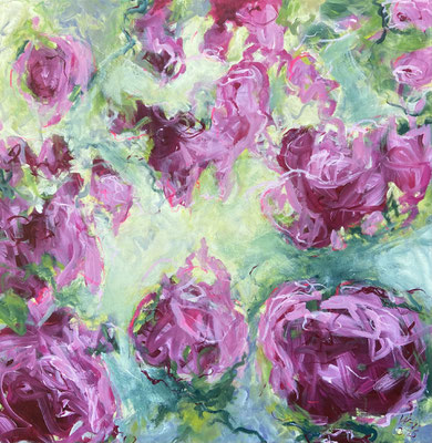 "Pfingstrosen", Acryl auf Leinwand, 100x100 cm, Pinseltechnik