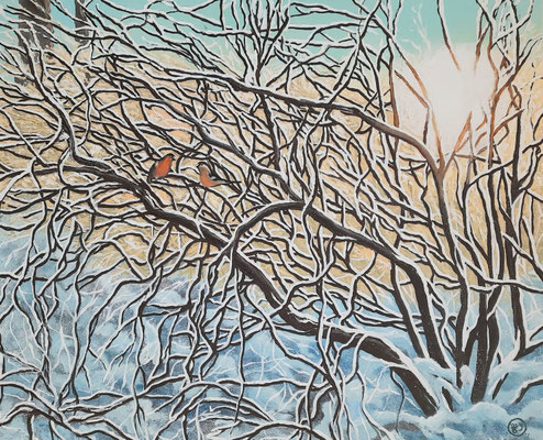 "Dompfaffen", Öl auf Leinwand, 80x100 cm, Pinsel- und Spachteltechnik