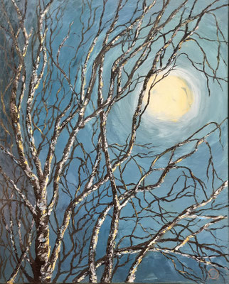 " Trauernde Birke im Mondlicht", Öl auf Leinwand, 80x100 cm, Pinsel-und Spachteltechnik