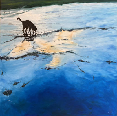 "Floh im Gegenlicht", Öl auf Leinwand, 100x100 cm, Pinseltechnik