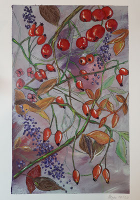 "Hagebutten und Holzäpfel", Mischtechniken auf Papier, 40x25 cm