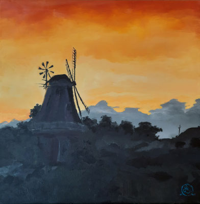 "Windmühle bei Sonnenuntergang", 60x60 cm, Öl auf Leinwand, Pinseltechnik