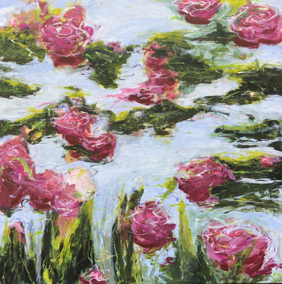 "Wasserrosen", Acryl auf Leinwand, 100x100 cm, Pinseltechnik