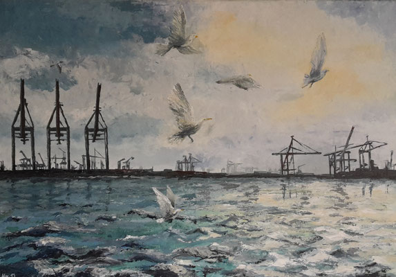 "Möwen am Hafen", Acryl auf Leinwand,  70x100 cm, Pinsel- und Spachteltechnik