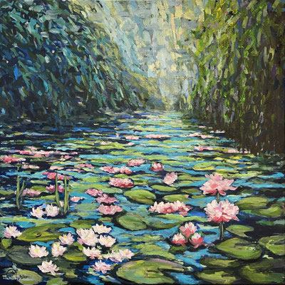 "Monets Seerosen", Öl auf Leinwand, 100x100 cm, Pinseltechnik
