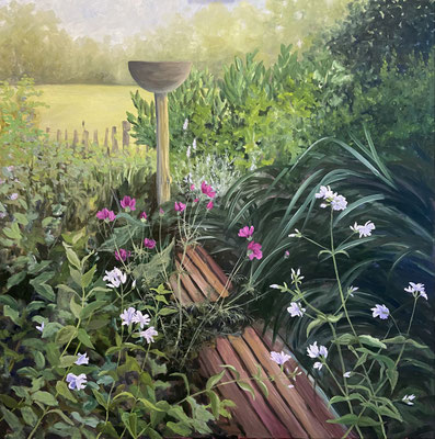 "Die Vogeltränke", Öl auf Leinwand, 120x120 cm, Pinseltechnik