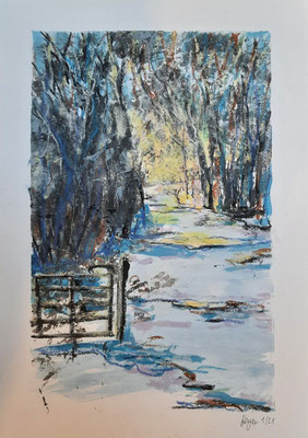 "Waldweg im Winter", 21x34 cm, Mischtechniken auf Papier