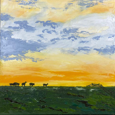 "Deichschafe bei Sonnenuntergang", Öl auf Leinwand, 50x50 cm, Spachtel- und Pinseltechnik
