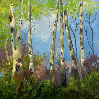 "Birkenwald", Öl auf Leinwand, 100x100 cm, Pinseltechnik