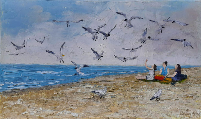 "Mädchen und Möwen", Öl auf Leinwand, 30x50cm, Pinsel- und Spachteltechnik