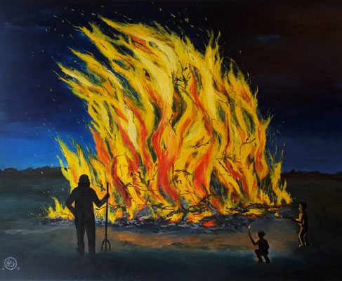 "Osterfeuer", Öl auf Leinwand, 80x100 cm, Pinsel- und Spachteltechnik