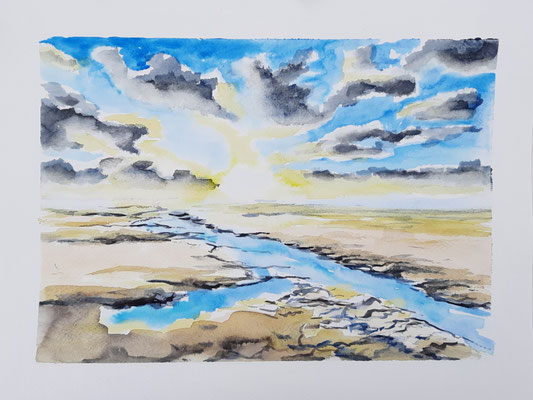 "Priel bei Sonnenuntergang", Aquarell auf Papier, 24x34 cm