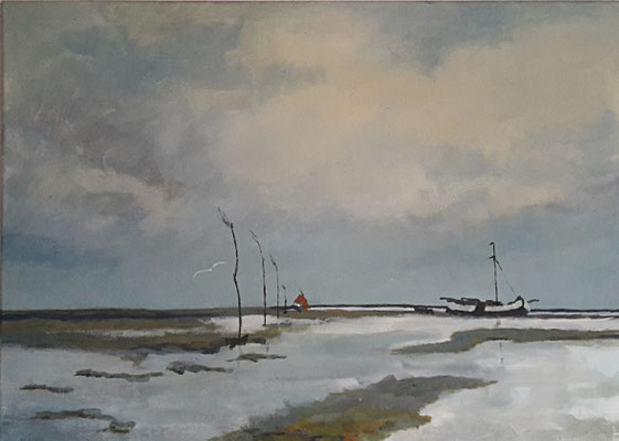 "Plattbodenschiff auf dem Pril", Acryl auf Leinwand, 50x70  cm, Pinseltechnik
