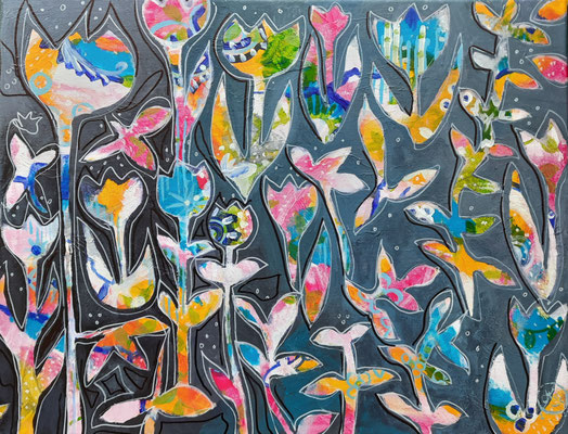 "Warten auf den Frühling", Acryl und Marker auf Leinwand, 50x60 cm, Pinseltechnik