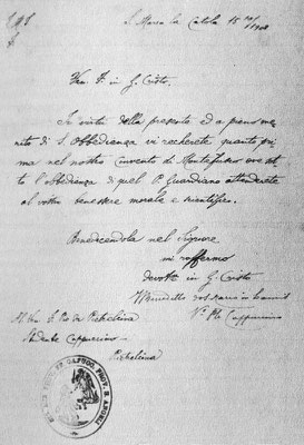 La lettera obbedienziale che il 15 ottobre 1908 padre Benedetto Nardella inviò al giovane Cappuccino, tornato a casa per una vacanza di salute [da Paolino da Casacalenda, "Le mie memorie intorno a padre Pio", San Giovanni Rotondo 1978]