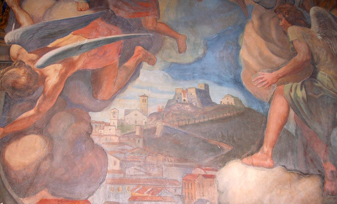 AMEDEO TRIVISONNO, Campobasso ai piedi del Monte, particolare del "Coro degli angeli" (1945), affresco. Campobasso, chiesa di Maria SS. Incoronata del Monte [foto A. Vinciguerra]