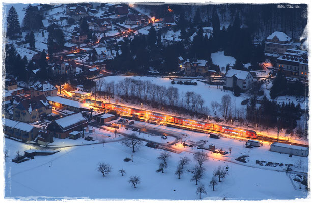 S-Bahn im winterlichen Bahnhof Rathen