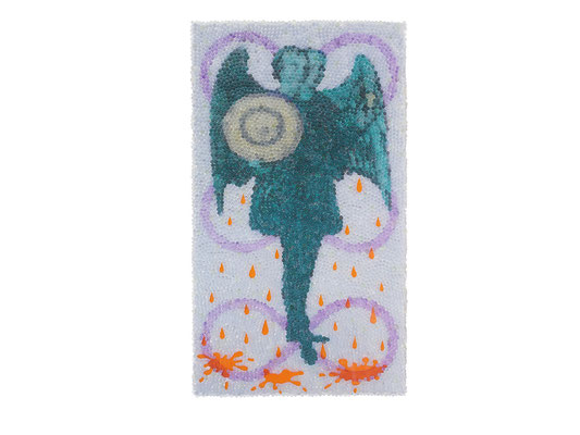 Doppelengel, Glaskugeln, Plexiglas auf Öl, Leinwand und Holz, 2018, 80 x 45 cm 