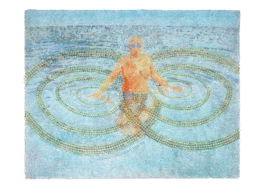 Sommersee, Glaskugeln, Plexiglas auf Öl, Leinwand und Holz, 2017, 80 x 100 cm