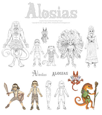 Character designs for Alosias world-building project.