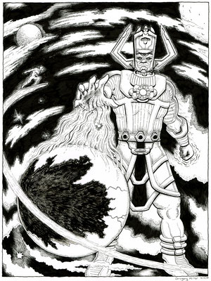 'Galactus & The Silver Surfer' 11x14" Example commission. Pen and ink on bristol.