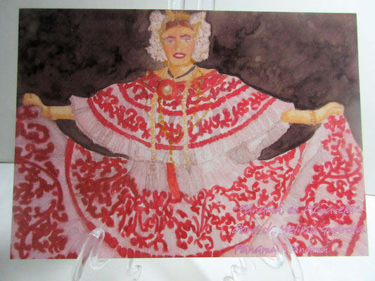 "Elegante Empollerada" reproducción de diseño de elegante pollera, el traje típico de la mujer panameña, mostrando todo su esplendor. Un (1) solo tamaño disponible: 5 X 7 pulgadas.