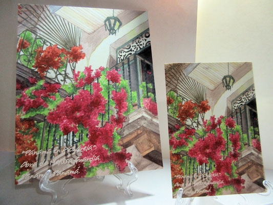 Modelo: "Florecer de Veraneras en el Balcón", reproducción de tema balcón en el Casco Antiguo con abundantes veraneras colgando. 2 Tamaños disponibles: 8.5x11 y 5x7.