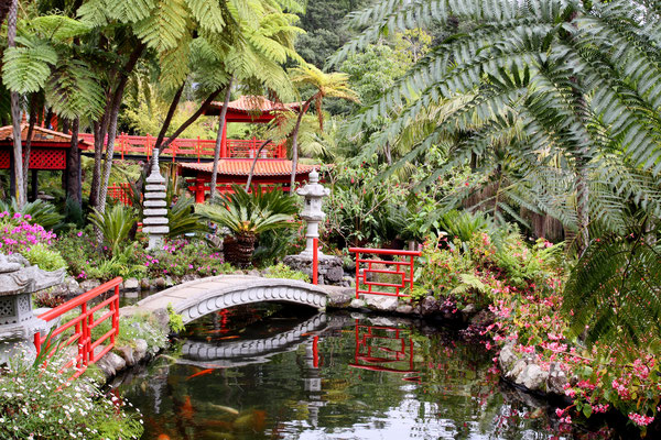 Man wandelt durch ein märchenhaftes Durcheinander von japanischen Gärten mit Koi-Karpfenteichen, Buddha-Figuren, Lorbeerbäumen und Palmfarmen.