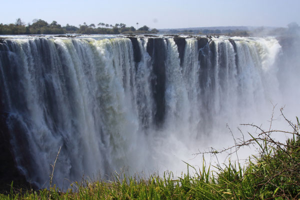 Der mit 1708 Metern breiteste Wasserfall der Welt ergießt sich in eine 110 Meter tiefe und nur knapp 50 Meter weite Schlucht. Der mächtige Sambesi stürzt atemberaubend in die Tiefe und bietet dabei unvergessliche Fotomotive.