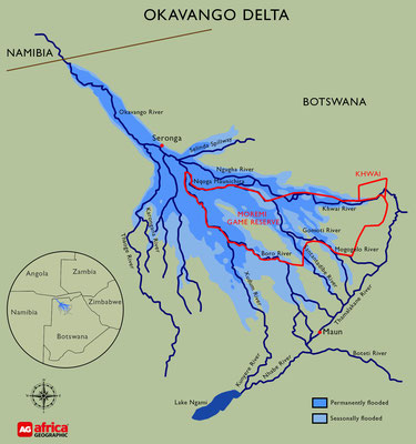 Flächenmäßig so groß wie Schleswig Holstein, ist das Okavango-Delta das größte Binnendelta der Welt. Der Fluß Okavango trifft – aus dem Hochland Angolas kommend – auf die Kalahari, der drittgrößten Wüste der Welt.