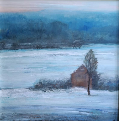 ROTE HÜTTE IM WINTER / 2025 / 59 x 59 / Mischtechnik