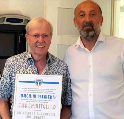 Ehrenmitgliedschaft und Goldene Ehrennadel mit Lorbeer für Joachim Plemenik für 60 Jahre Vereinstreue und fast 50 Jahre Ehrenamt