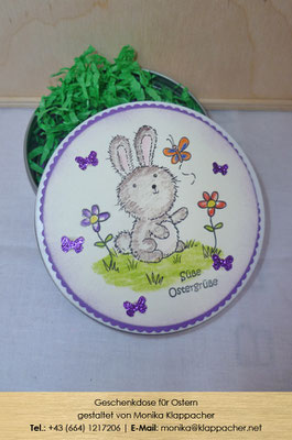 Geschenkdose lila mit Hase und Schmetterlinge