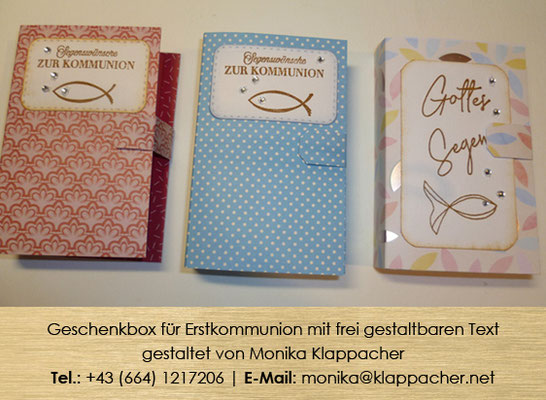 Geschenkboxen in verschiedenen Farben für Erstkommunion mit frei gestaltbaren Text