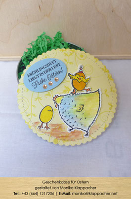 Geschenkdose gelb mit Küken-Motiv