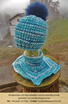 Kindermütze mit Fleecestreifen innen; Weite ca. 38-40 cm, mit Kunststoffbommel