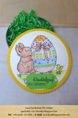 Geschenkdose gelb mit Hase und Osterei