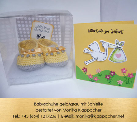 Babyschuhe gelb/grau mit Schleife