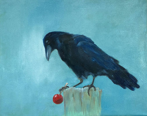 Krähe mit Kirsche | Ölfarbe auf Leinwand | 20 x 30 cm