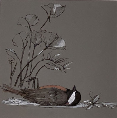 Exitus II | 2026 |  Tusche/Farbstift/Gouache auf Papier | 40 x 40 cm