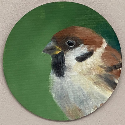 Spatz | 2025 | Ölfarbe auf Malpappe | Ø 15 cm