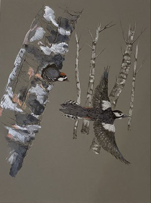 Abflug I | 2026 | Tusche/Gouache/Farbstift auf Papier | 42x30 cm |