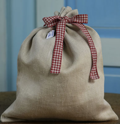 Brotsack Brotbeutel Stoffbeutel aus Hanfstoff naturweiss mit rot kariertem Leinen-Band