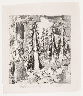 Ernst Ludwig Kirchner, Alpenweg mit Wettertannen, 1921, Pinsel über Radierung