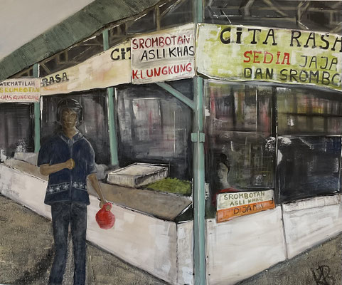 Markt auf Bali - 120x100 - Acrylmischtechnik, Collage auf Leinwand, 850 €
