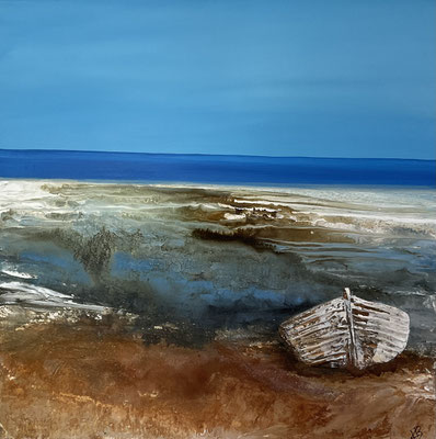 Boot - Acrylmischtechnik, Sand, Karton auf Leinwand - verkauft