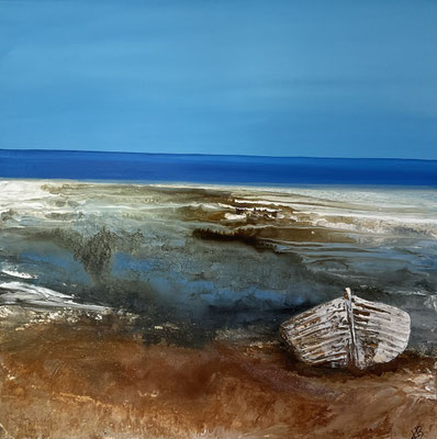Boot - Acrylmischtechnik, Sand, Karton auf Leinwand - verkauft