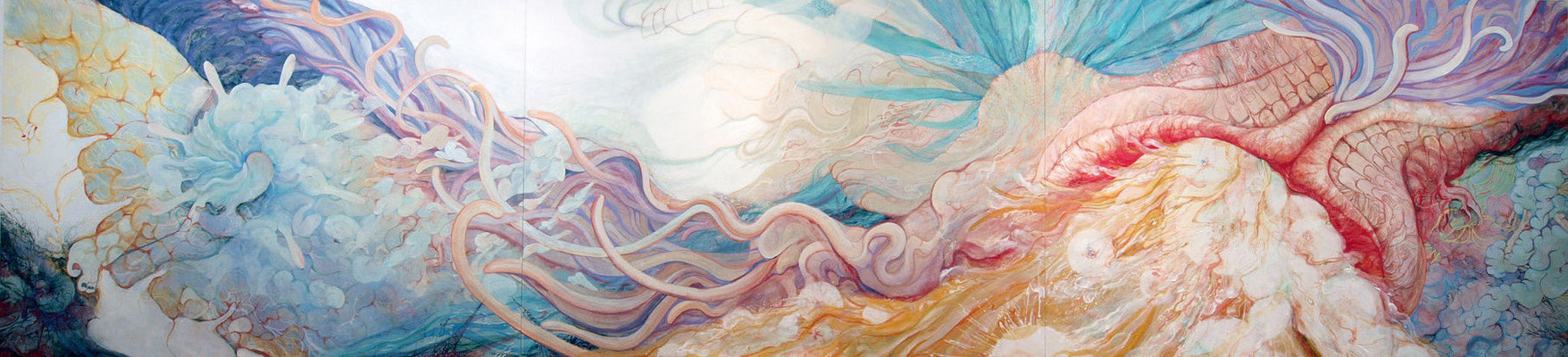 [潮騒は産声を呼ぶ]　　　　１６０ｃｍ×６９０ｃｍ　　　麻紙に岩絵具　　　　　　　　　　　　　　　　　　　　　　　　　　　　　　　　　　　　　　　　　　　　　　　　　　　　　　　　　　　　　　　　　　　　　　　　　　　　　　　　　　　　　　　　　　　　　　　　　　　　　　　　　　　　　　　　　　　　　　　　　　　　　　　　　　　　　　　 [The　ｃａｌｌｉｎｇ　ｃｒｙ　ｏｆ　the　ｓｅａ]　　　  Pure pigment on Japanese Paper