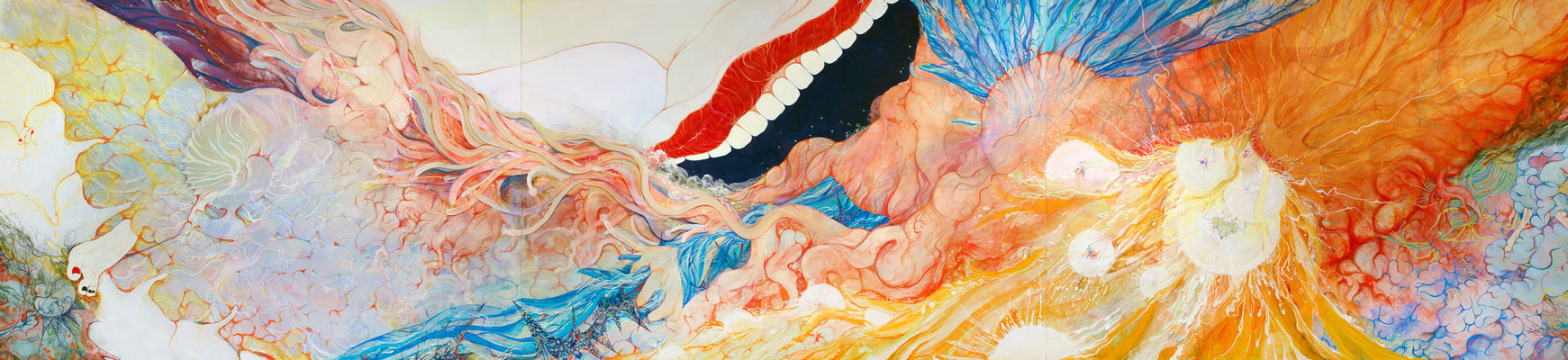[恐らくそれが続くまで]　　　　　１６０ｃｍ×６９０ｃｍ　　　麻紙に岩絵具　　　　　　　　　　　　　　　　　　　　　　　　　　　　　　　　　　　　　　　　　　　　　　　　　　　　　　　　　　　　　　　　　　　　　　　　　　　　　　　　　　　　　　　　　　　　　　　　　　　　　　　　　　　　　　　　[Maybe,　untill continues  Ｉcall the wind or To call the wind]　　　　Pure pigment on Japanese Paper　　　　　　　　　　　